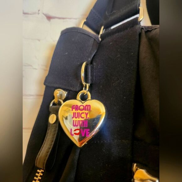 Vintage Pristine 1990s Juicy Couture Large Black Leather/Nylon Tote Bag w/Charm - Picture 2 of 8